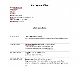 Neuseeland CV Vorlage Arbeitserfahrungen